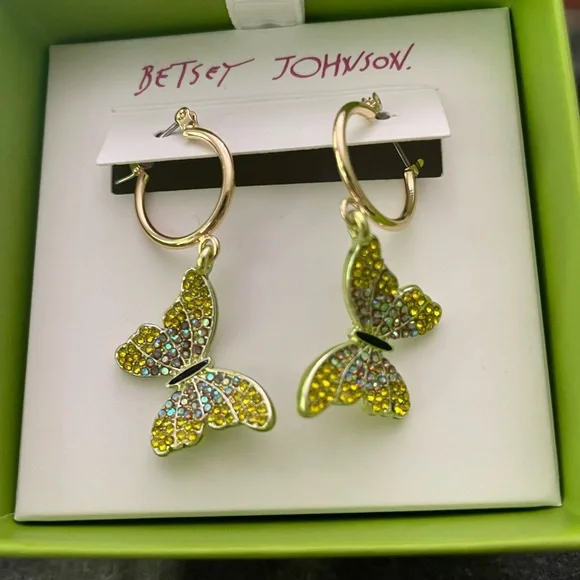 NWT Betsey Johnson All A Flutter Huggie Yellow Crystal Butterfly Earrings - Picture 6 of 6